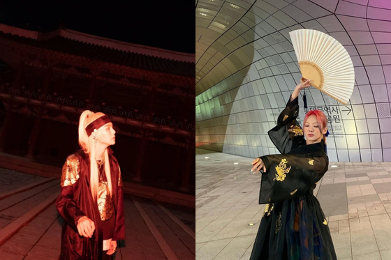 BTS’s Suga and Hyoyeon of Girls’ Generation have posted photos on Instagram flaunting hanbok last week — an online trend welcomed by Koreans. [SCREEN CAPTURE]