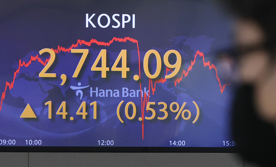 A screen in Hana Bank's trading room in central Seoul shows the Kospi closing at 2,744.09 points on Thursday, up 14.41 points, or 0.53 percent, from the previous trading day. [YONHAP]