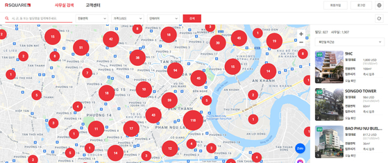 Rsquare’s map-based database showing more than 1,900 vacant offices in Vietnam. [RSQUARE]
