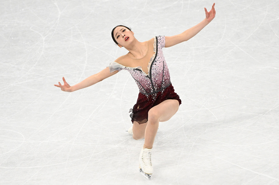 You Young performs her free skate program during the figure skating competition at the 2022 Winter Olympics at Capital Indoor Stadium in Beijing on Thursday. [AFP/YONHAP]