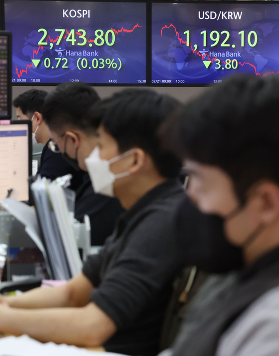 Electronic display boards show the Kospi and the won-dollar rate at Hana Bank in central Seoul on Monday. [YONHAP]