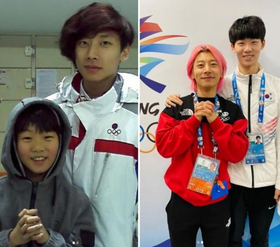 Kwak and short track speed skater Lee June-seo recreated a photo they took in 2010 when Lee was in elementary school. The two met again on Korea's national team. [SCREEN CAPTURE]
