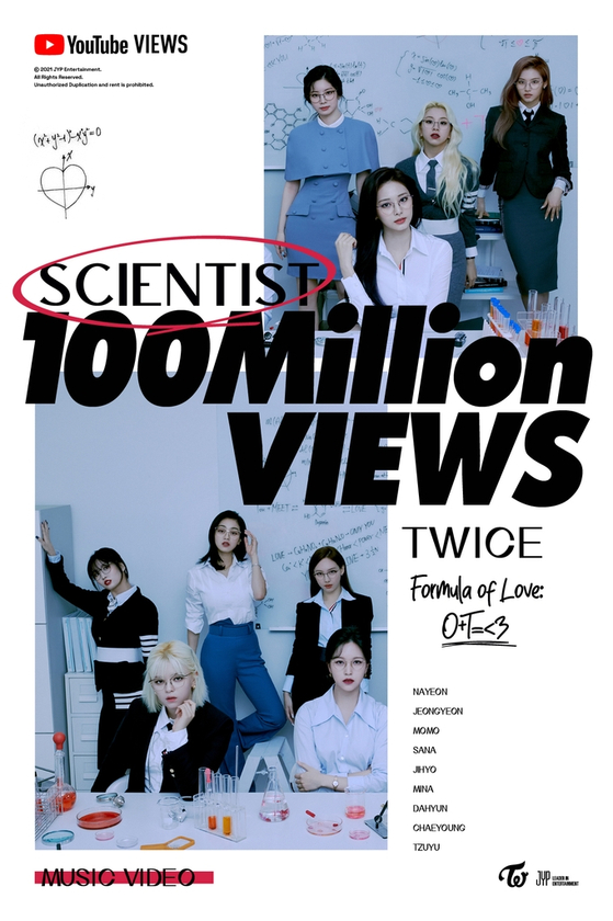 Twice's music video for "Scientist" surpassed 100 million views on YouTube. [JYP ENTERTAINMENT]