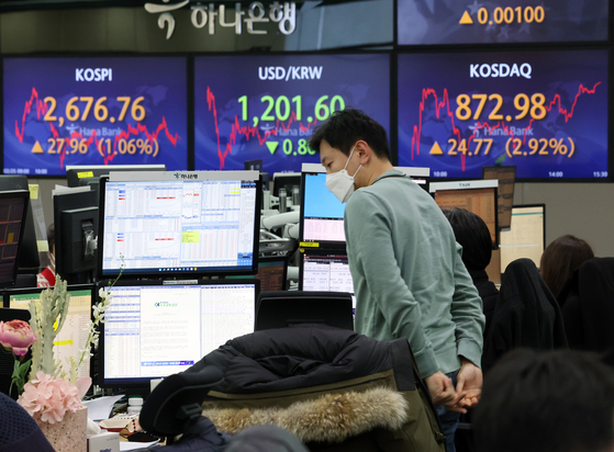 Screens in Hana Bank’s trading room in central Seoul show Kospi closing at 2,676.76 points, up 1.06 percent, and Kosdaq closing at 872.98 points, up 2.92 percent, on Friday from the previous trading day. [YONHAP]