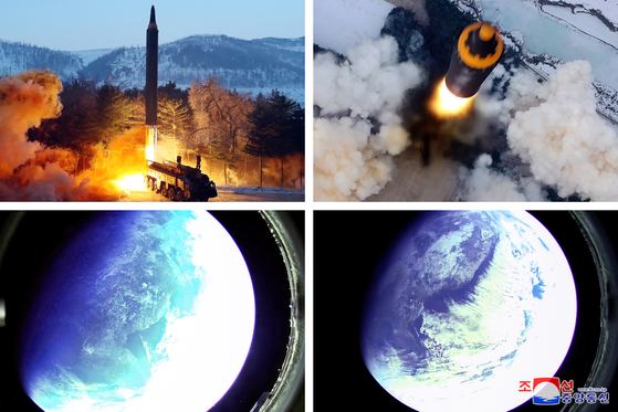 North Korea test-fires its intermediate-range ballistic missile (IRBM), Hwasong-12, on Jan. 30 in photos released by its state-run Korean Central News Agency (KCNA) Jan. 31. The photos show the missile launched from a transporter erector launcher (TEL) and images taken by a camera installed on the missile warhead from space. [KCNA]