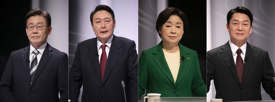 From left, Lee Jae-myung of the Democratic Party, Yoon Suk-yeol of the People Power Party, Sim Sang-jeung of the Justice Party and Ahn Cheol-soo of the People's Party are at the SBS studio in Mapo District, western Seoul, on Feb. 25 for the second televised debate hosted by the National Election Commission ahead of the March 9 presidential election. The third and final presidential debate airs Wednesday. [NEWS1]