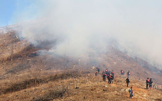Wildfires started on Mar. 4, in Uljin, North Gyeongsang, spread to other areas including Okgye-myeon in Gangneung, Gangwon. [YONHAP]