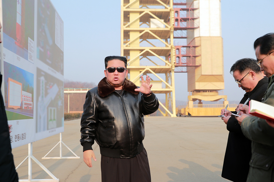 An undated photo released on Friday by North Korean state-run newspaper Rodong Sinmun shows North Korean leader Kim Jong-un issuing on-the-spot guidance at the Sohae Satellite Launching Station in Cholsan, North Pyongan Province. [NEWS1]