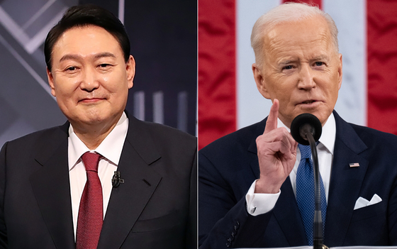 President-elect Yoon Suk-yeol, left, and U.S. President Joe Biden, right. Yoon spoke with Biden over the phone within five hours of his neck-and-neck victory in the presidential race on Thursday. The two spoke of strengthening the bilateral alliance and working closely on North Korea affairs and the Korea-U.S.-Japan trilateral cooperation. [EPA/YONHAP]