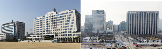 The Defense Ministry compound, left, in Yongsan District, and the Foreign Ministry building, left of the central government complex building in Gwanghwamun, central Seoul, have emerged as possible venues for President-elect Yoon Suk-yeol’s presidential office. [YONHAP]