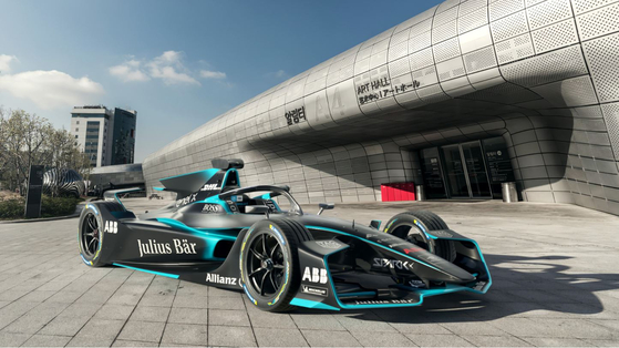 A Formula E car is parked outside Dongdaemun Design Plaza in central Seoul in this file photo from 2018. [FORMULA E SEOUL ORGANIZING COMMITTEE]
