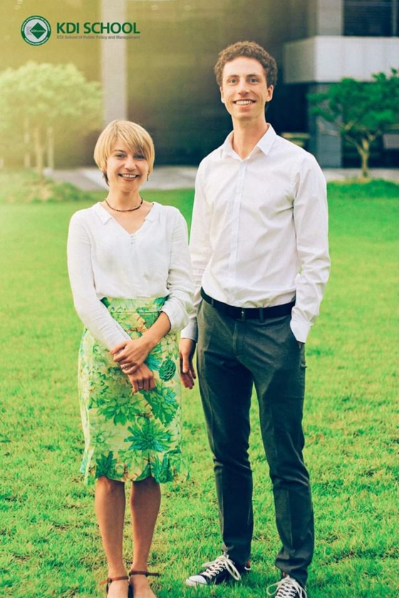 Solovei, left, and her classmate, Geert Slabbekoorn, at the KDI School of Public Policy and Management (KDIS) in Sejong