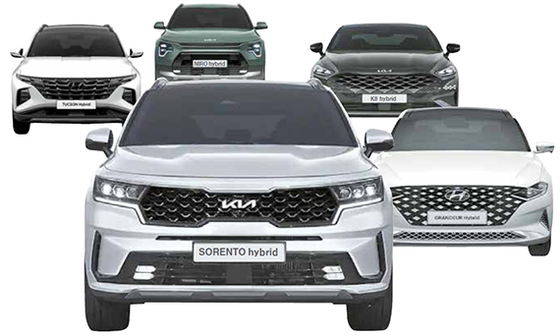 Last year's best-selling hybrid cars in Korea: Kia Sorento SUV, Hyundai's Grandeur sedan, Kia K8 sedan, Hyundai Tucsan SUV and Kia Niro SUV. [HYUNDAI MOTOR, KIA] 
