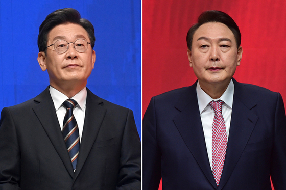 Top two presidential contenders, Lee Jae-myung of ruling Democratic Party, left, and Yoon Suk-yeol of main opposition People Power Party. [YONHAP]