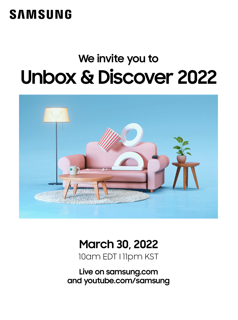 Samsung Electronics will reveal its new television lineup in an online event titled ″Unbox & Discover 2022″ set to take place on March 30 at 11 p.m., the company said Monday. Samsung will introduce new models such as the Neo QLED 8K TVs that use microscopic light emitting diodes (LEDs), or Mini LEDs. ″We will redefine the role of a screen,″ the company said. [SAMSUNG ELECTRONICS]