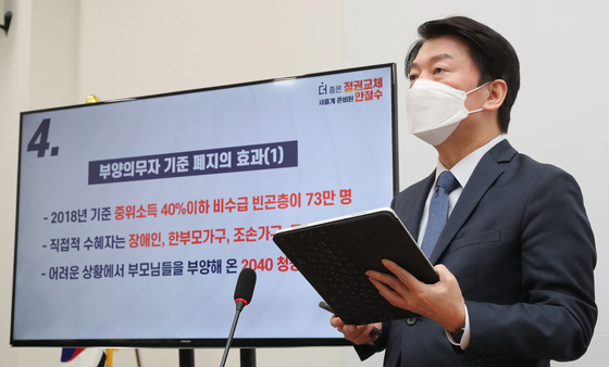 Minor opposition People's Party presidential candidate Ahn Cheol-soo, who has seen an increase in support in recent public opinion polls, holds a press conference on his policies at the National Assembly in Yeouido, western Seoul, Sunday. [NEWS1]