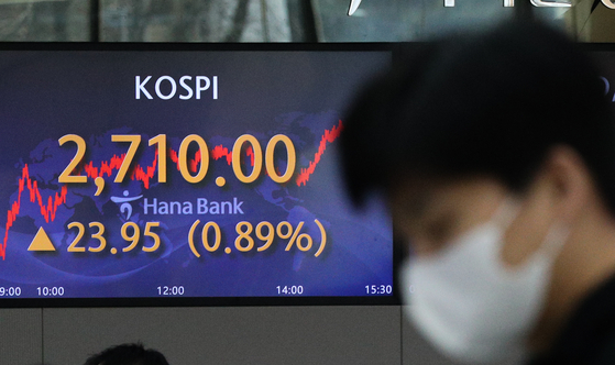 A screen in Hana Bank's trading room in central Seoul shows the Kospi closing at 2,710.00 points on Tuesday, up 23.95 points, or 0.89 percent, from the previous trading day. [NEWS1]