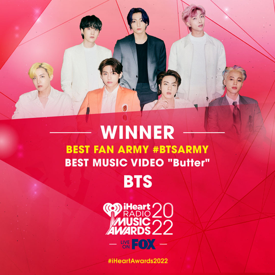 Boy band BTS took home two awards at the iHeartRadio Music Awards 2022 held on March 22 in Los Angeles. [BIG HIT MUSIC]