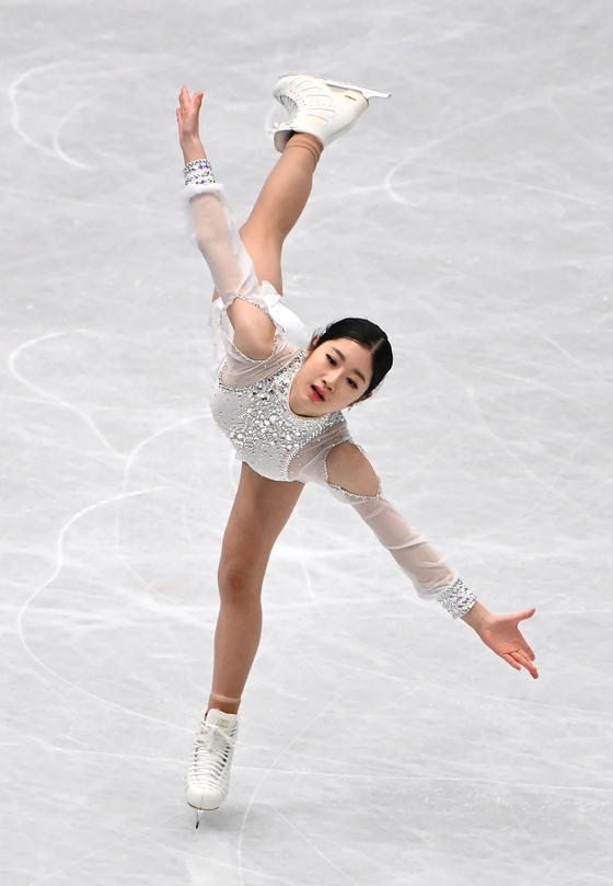 Lee Hae-in performs a spiral during the women short program skating event at the ISU World Figure Skating Championships in Montpellier on Wednesday. [AFP/YONHAP]