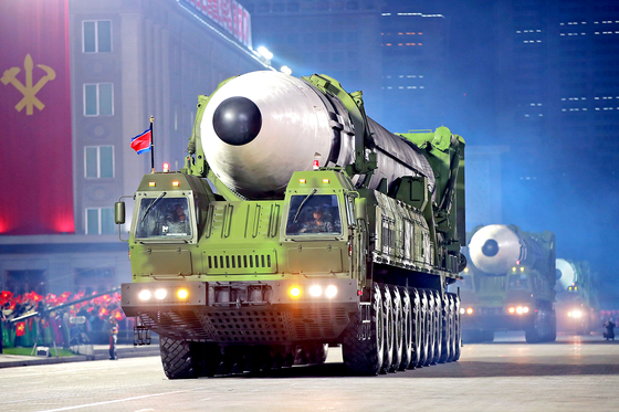 The Hwasong-17 intercontinental ballistic missile (ICBM) is introduced at an Oct. 10, 2020 military parade celebrating the 75th anniversary of the founding the North’s ruling Workers’ Party. [YONHAP]