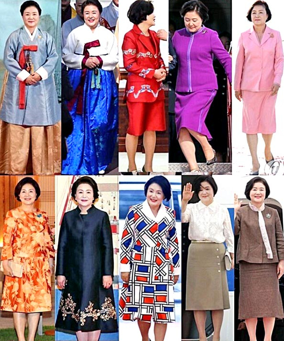 A collage of first lady Kim Jung-sook's outfits as shared on an online forum on March 17. Civic groups have called for the Blue House to disclose expenses spent on Kim’s clothing. The Blue House Tuesday said no taxpayers’ money was used to fund the first lady’s wardrobe. [SCREEN CAPTURE]