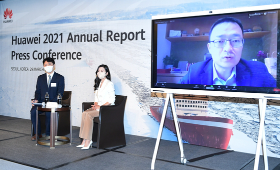 Karl Song, Vice President of Huawei's Corporate Communications, speaks during a press conference in central Seoul by video link Tuesday. [HUAWEI KOREA]