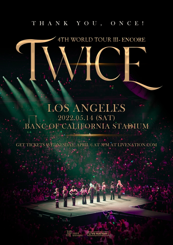 Girl group Twice will host a special encore concert “4th World Tour III- Encore” in Los Angeles on May 14. [JYP ENTERTAINMENT]