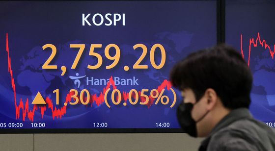 A screen in Hana Bank's trading room in central Seoul shows the Kospi closing at 2,759.20 points on Tuesday, up 1.30 points, or 0.05 percent, from the previous trading day. [YONHAP]