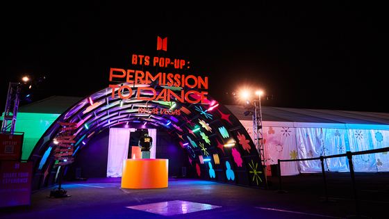 The entrance to "BTS Pop-up: Permission to Dance,” an immersive exhibition featuring large-scale installations inspired by the music videos of BTS’s biggest hits from its most recent album. [HYBE]