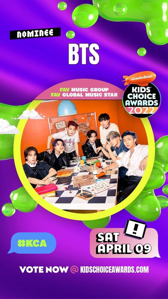 BTS is nominated for two awards at the 2022 Nickelodeon Kids' Choice Awards [NICKELODEON]