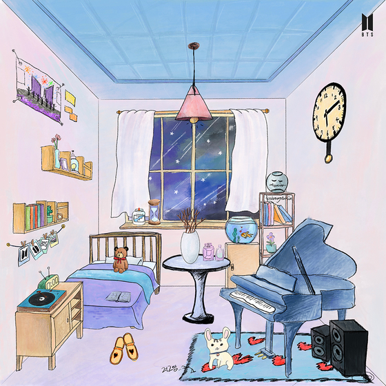 "Army room" Shown is an illustration of RM's Moon Jar and Savan Takuja in the right corner. [BIG HIT MUSIC]