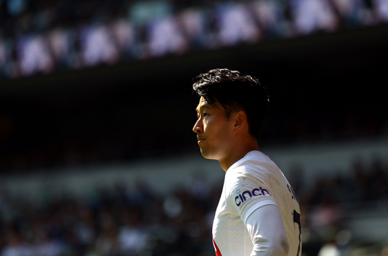 Tottenham Hotspur's Son Heung-min reacts during a game against Brighton at Tottenham Hotspur Stadium in London on Saturday. [REUTERS/YONHAP]