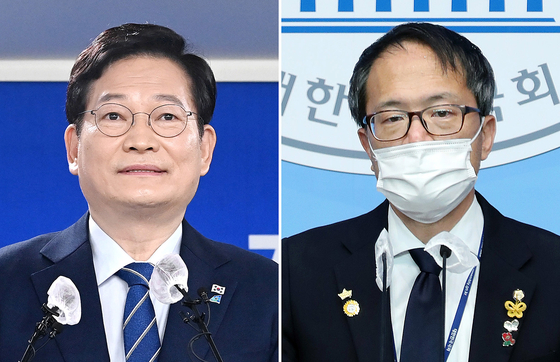 Rep. Song Young-gil and Rep. Park Joo-min answer questions from reporters. [KIM SANG-SUN]