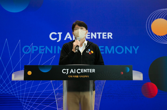 Lee Chi-hoon, head of CJ AI Center, gives a speech at the opening ceremony held Wednesday. [CJ GROUP] 