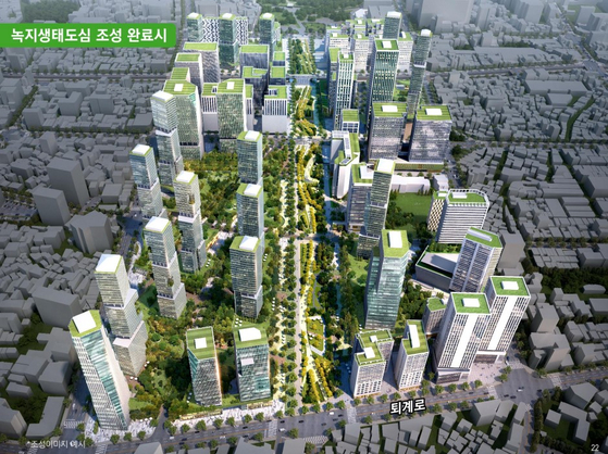 An artist's rendition of central Seoul near Toegye-ro after creating green urban space. [SEOUL METROPOLITAN GOVERNMENT]