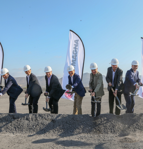 Executives from LG Magna e-Powertrain, LG Electronics and Magna Powertrain attend a ground-breaking ceremony on April 19. [LG ELECTRONICS] 