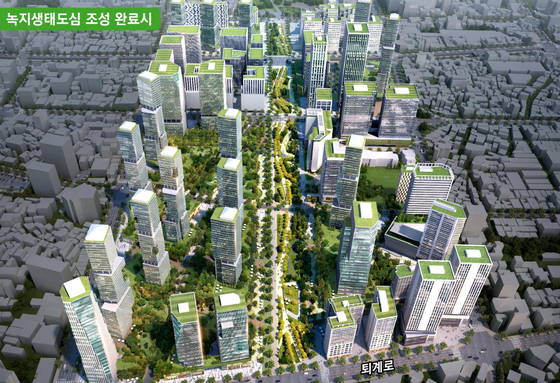 An artist's rendition of central Seoul near Toegye-ro after creating green urban space. [SEOUL METROPOLITAN GOVERNMENT]