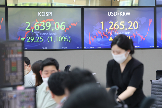 A screen in Hana Bank's trading room in central Seoul shows the Kospi closing at 2,639.06 points on Wednesday, down 29.25 points, or 1.10 percent, from the previous trading day. [YONHAP]
