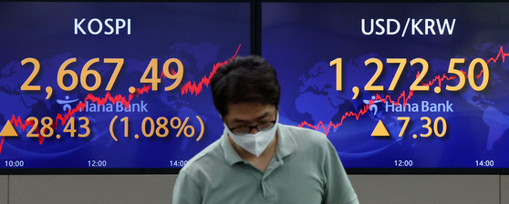 A screen in Hana Bank's trading room in central Seoul shows the Kospi closing at 2,667.49 points on Thursday, up 28.43 points, or 1.08 percent, from the previous trading day. [YONHAP]
