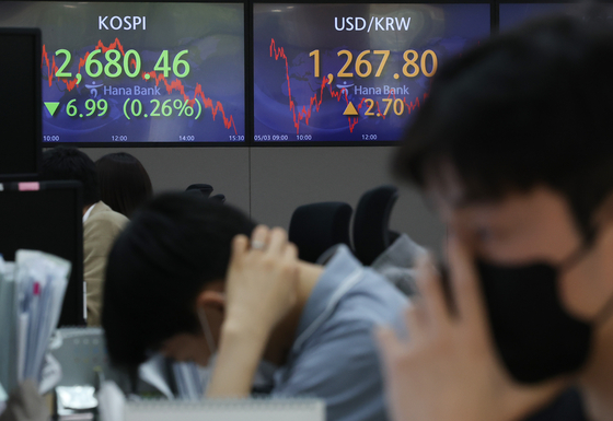 A screen in Hana Bank's trading room in central Seoul shows the Kospi closing at 2,680.46 points on Tuesday, down 6.99 points, or 0.26 percent, from the previous trading day. [YONHAP]