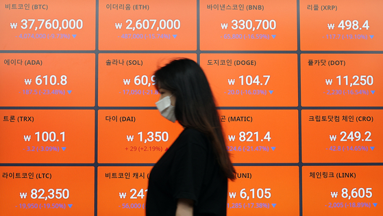 An electronic display board at a Bithumb office in southern Seoul shows the prices of cryptocurrencies on Thursday. Bitcoin fell below 40 million won ($31,000) for the first time in nine months. [YONHAP]