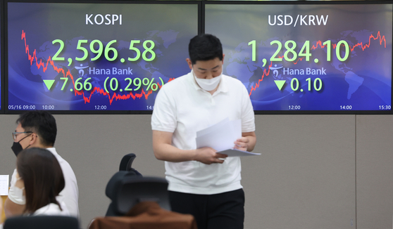 A screen in Hana Bank's trading room in central Seoul shows the Kospi closing at 2,596.58 points on Monday, down 7.66 points, or 0.29 percent, from the previous trading day. [YONHAP]