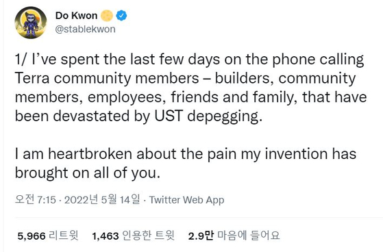 Terraform Labs CEO Do Kwon's Twitter post on May 14 following Luna's collapse. [SCREEN CAPTURE] 