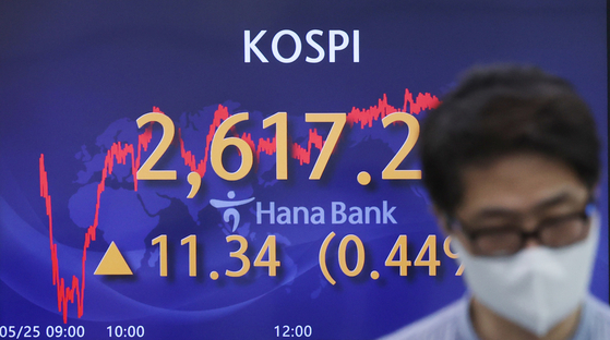 A screen in Hana Bank's trading room in central Seoul shows the Kospi closing at 2,617.22 points on Wednesday, up 11.35 points, or 0.44 percent, from the previous trading day. [YONHAP]
