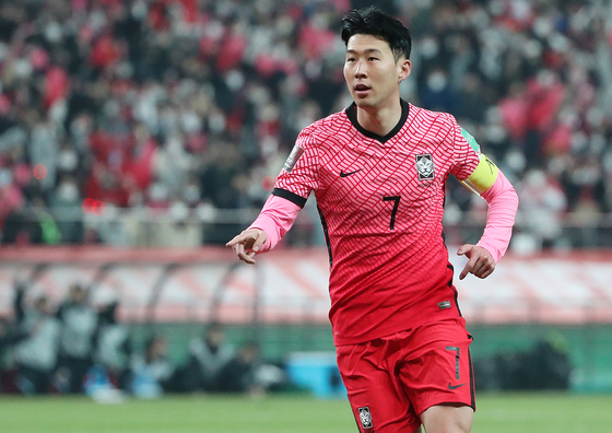 Korea's Son Heung-min celebrates after scoring a goal against Iran during a World Cup qualifier at Seoul World Cup Stadium in Mapo District, western Seoul on March 24. [NEWS1]