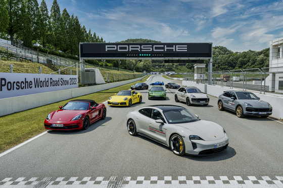 Porsche cars, including Taycan GTS at front, during the Porsche World Roadshow 2022 held at the AMG Speedway in Yongin, Gyeonggi, on May 18. [PORSCHE KOREA]