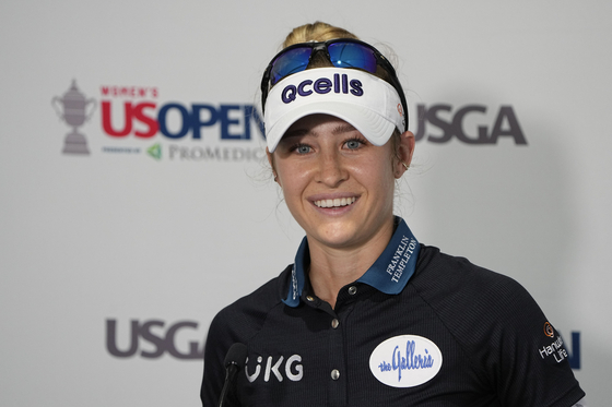 Nelly Korda of the United States speaks during a news conference after a practice round for the U.S. Women's Open golf tournament at the Pine Needles Lodge & Golf Club in Southern Pines, North Carolina on Tuesday. [AP/YONHAP]