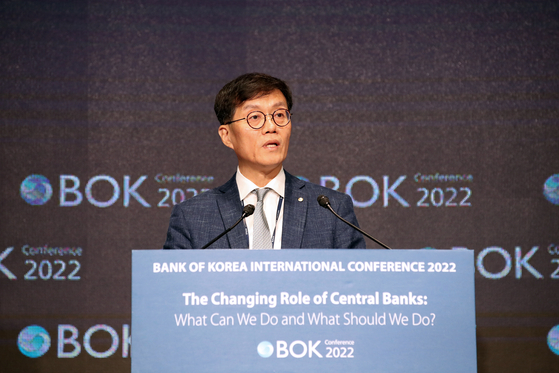 Bank of Korea Governor Rhee Chang-yong speaks at the Bank of Korea International Conference 2022 held at the Westin Josun Seoul on Thursday. [BOK]