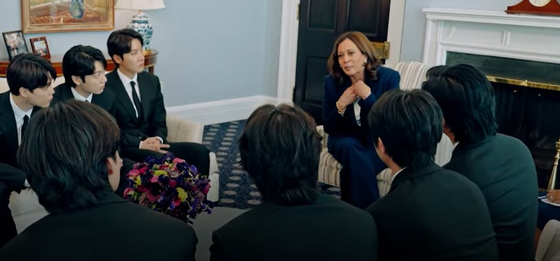 Vice President Kamala Harris, center, talks with BTS members in her office on May 31 in the video released by the White House on June 4. [THE WHITE HOUSE]