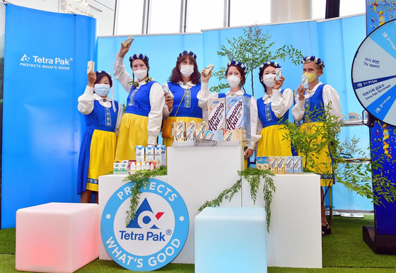 Drinks in Tetra Pak packaging are displayed at the company's booth at the 2022 Sweden Day event on Tuesday. [TETRA PAK KOREA]
